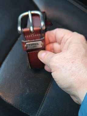 Fossil Chestnut Leather Belt with Silver Buckle
